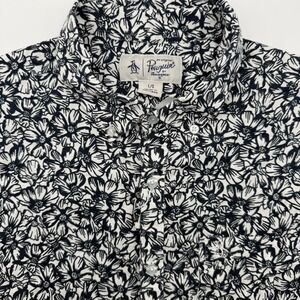 Original Penguin Mens Floral Linen Blend Short Sleeve Button Down Shirt Navy L